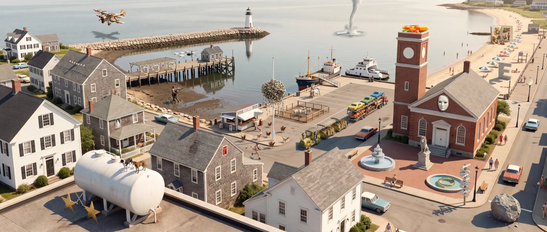 A sunlit harbour town seen from the rooftops: clapboard houses, a pier, a lighthouse and a brick clock tower by the beach.